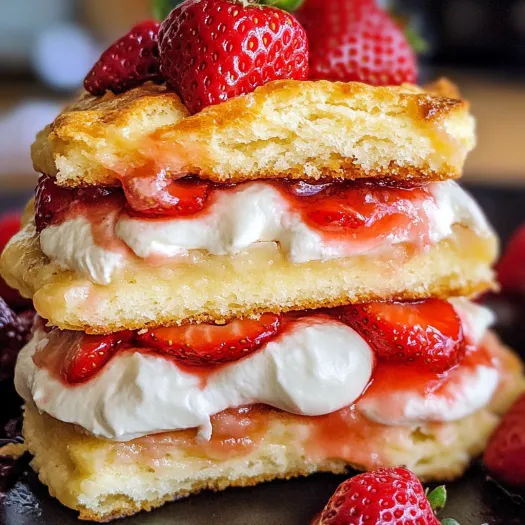 A stack of strawberry shortcake with whipped cream on top.