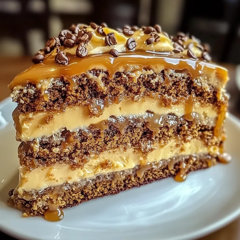 A slice of gooey coffee caramel cake.