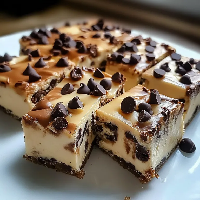 A close up of a chocolate chip cheesecake bar.