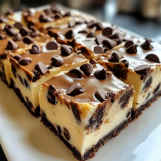 A close up of a chocolate chip cheesecake bar.
