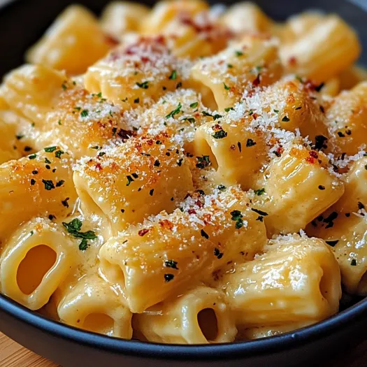 A bowl of pasta with garlic butter chicken and Parmesan cheese.