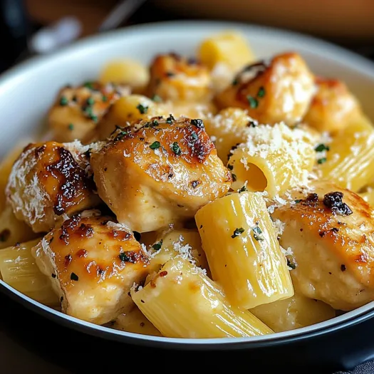 A plate of garlic butter chicken with rigatoni and parmesan.
