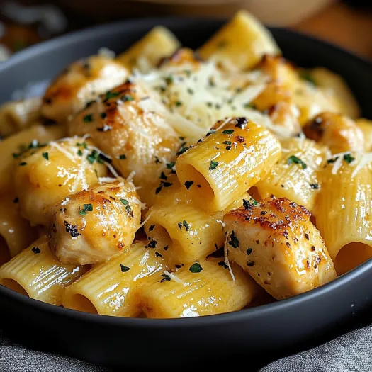 A bowl of pasta with chicken and cheese.