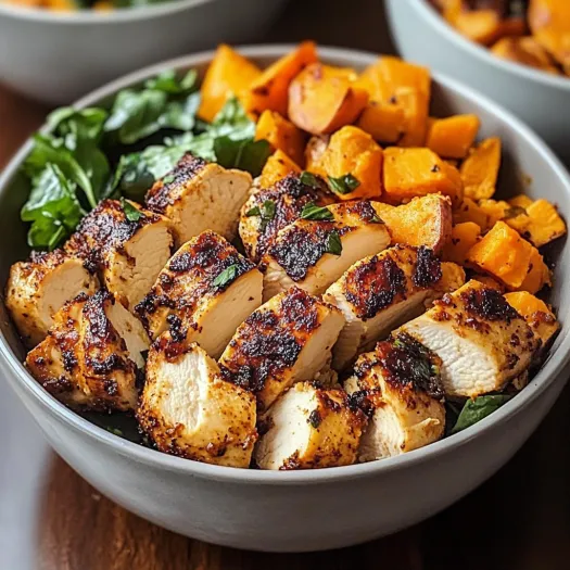 A bowl of blackened chicken and sweet potatoes.