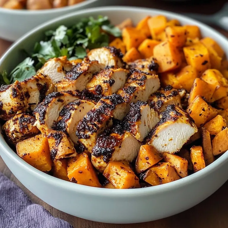 A bowl of blackened chicken and sweet potatoes.