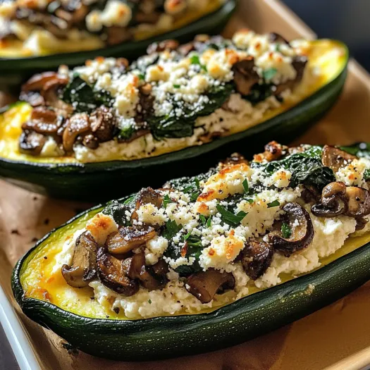 A plate of stuffed zucchini boats with mushrooms and spinach.