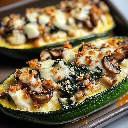 Two zucchini boats filled with spinach, mushrooms, and ricotta cheese.