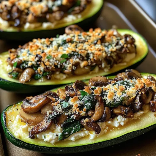 Three zucchini boats filled with mushrooms and spinach.