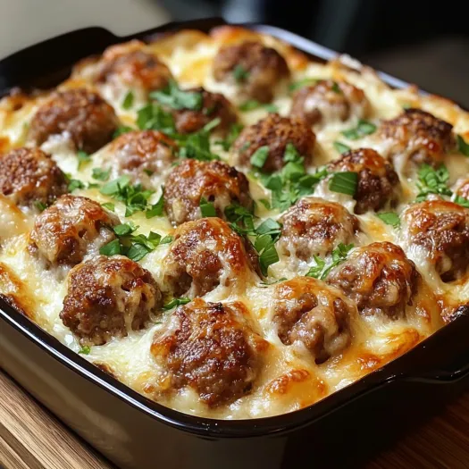 A close up of a meatball casserole in a pan.