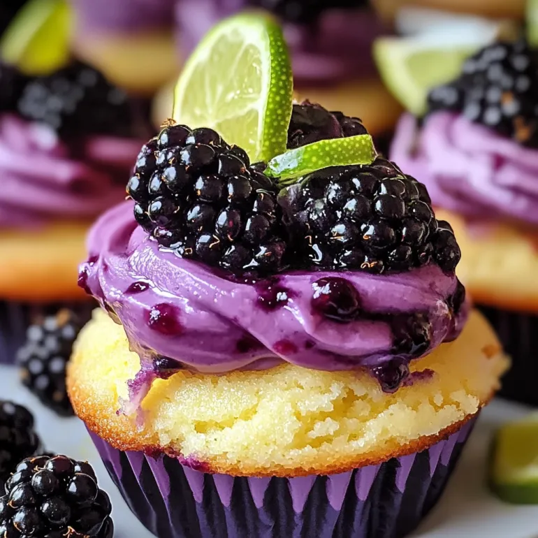 A cupcake with blackberry and lime toppings.