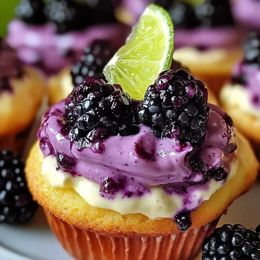 A cupcake with blackberry and lime toppings.