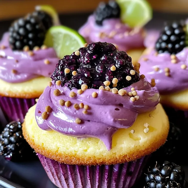A cupcake with blackberry and lime toppings.