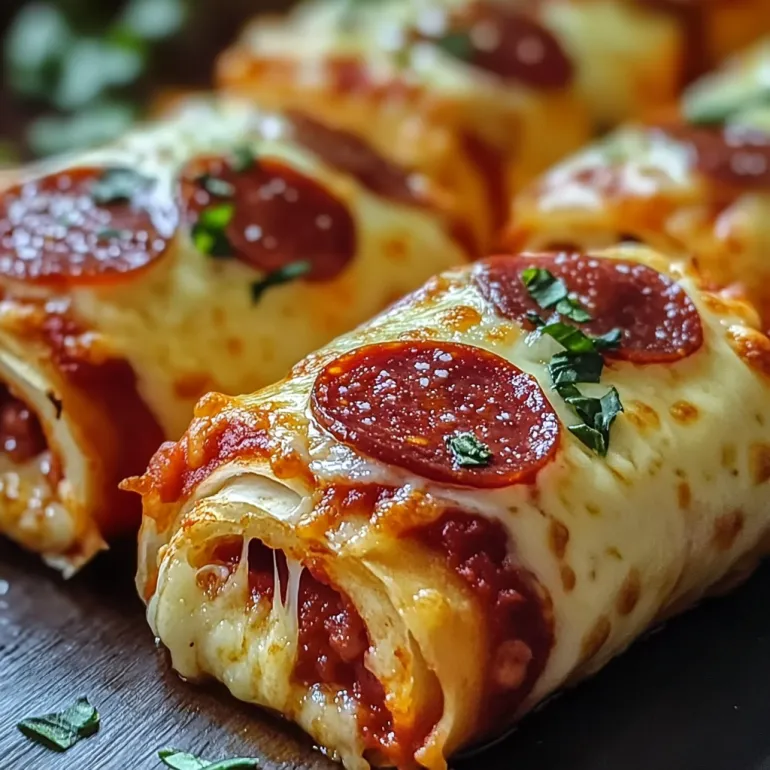 A plate of cheesy pepperoni pizza roll-ups.