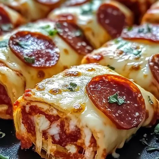 A plate of cheesy pepperoni pizza roll-ups.