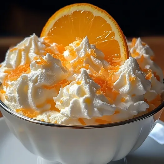 A creamsicle orange fluff dessert with a slice of orange on top.