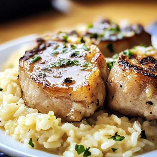 A plate of baked pork chops and rice.