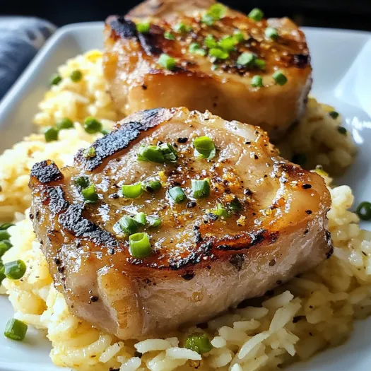 A plate of baked pork chops and rice.