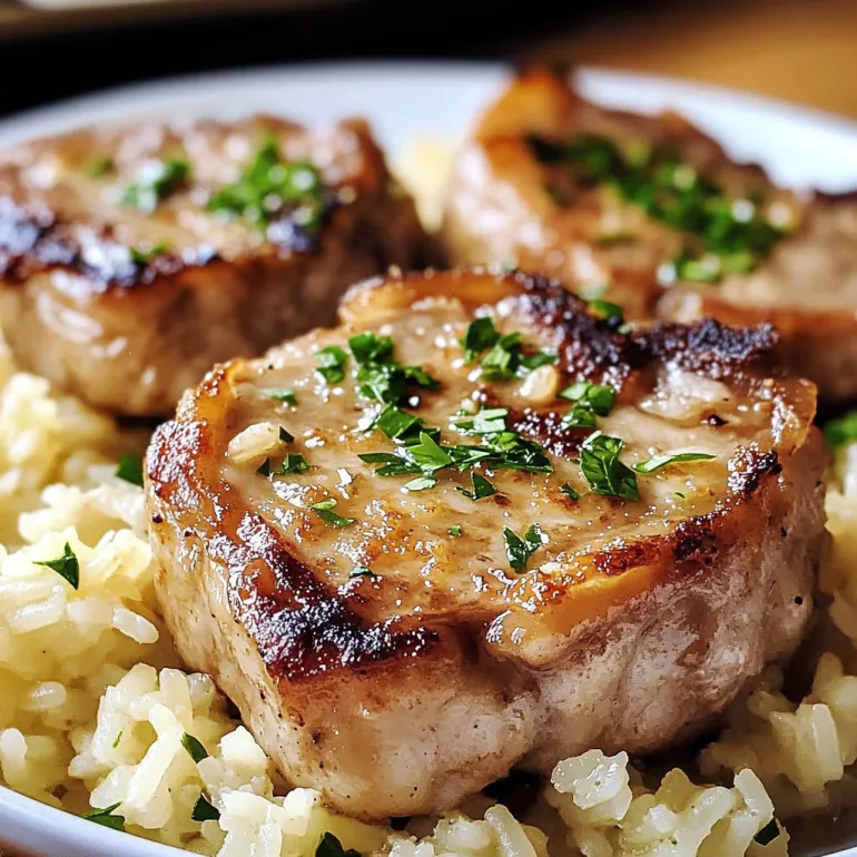 A plate of baked pork chops and rice.