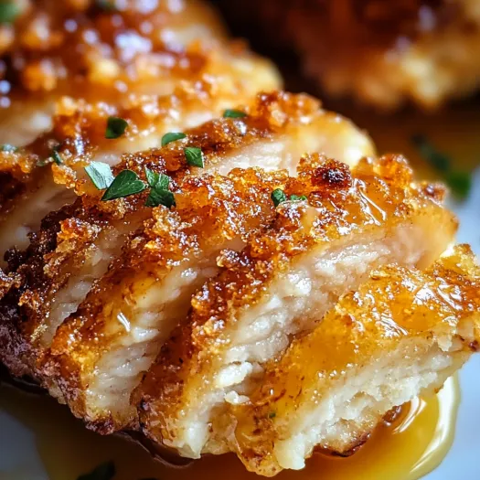 A close up of a piece of breaded meat with honey drizzled on top.