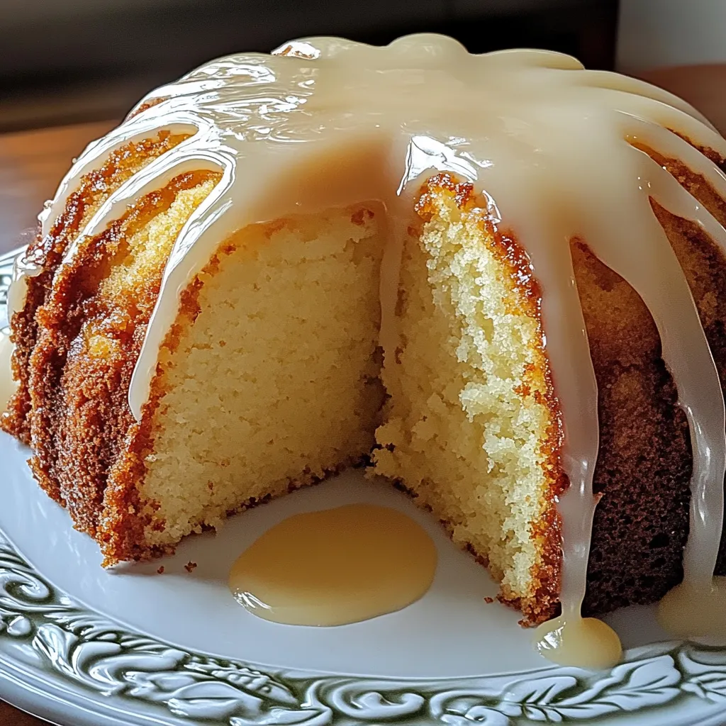 A slice of vanilla buttermilk pound cake with cream cheese glaze.