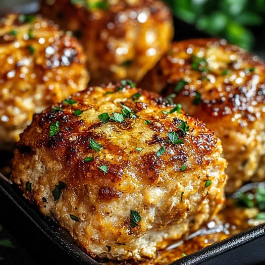 A pan of garlic Parmesan chicken meatloaves.