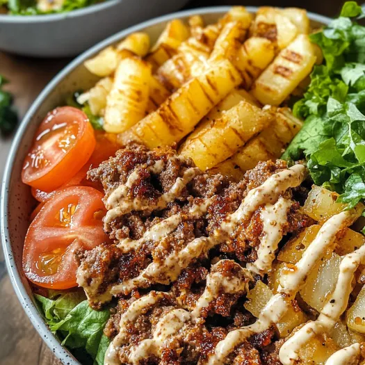 A bowl of food with a burger and fries.