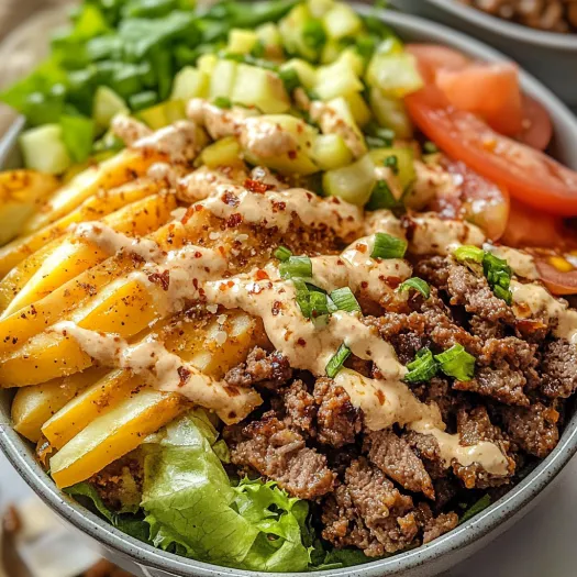 A bowl of food with lettuce, tomatoes, and meat.