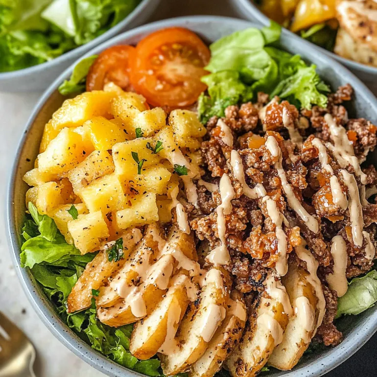 A bowl of food with a salad and a burger.