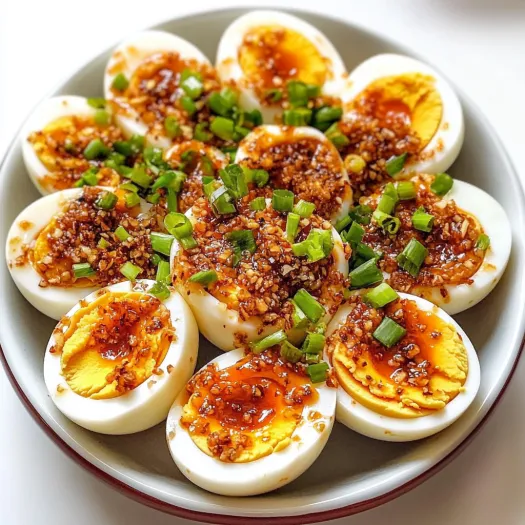 A plate of eggs with a spicy chili garlic sauce.