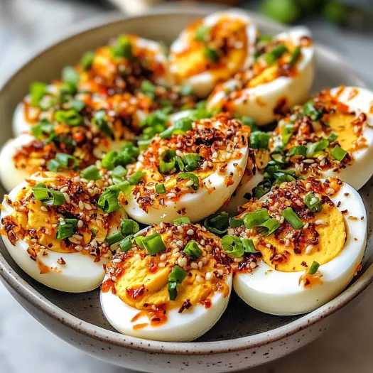 A bowl of eggs with chili and garlic.
