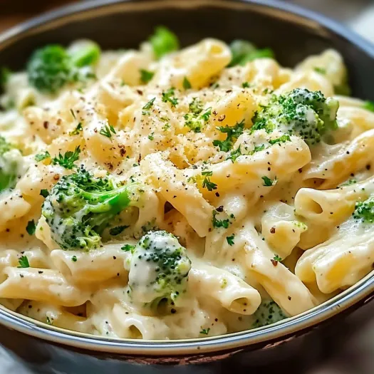 A bowl of creamy pasta with broccoli.