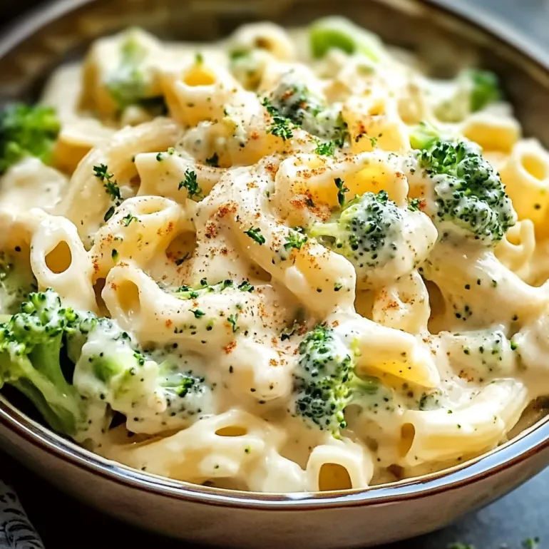 A bowl of creamy pasta with broccoli.