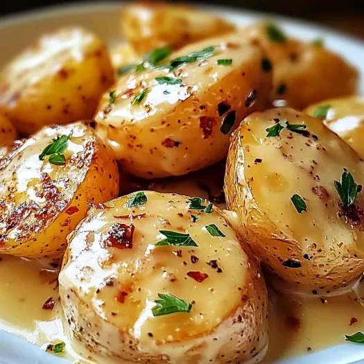 A plate of baby potatoes with garlic sauce.