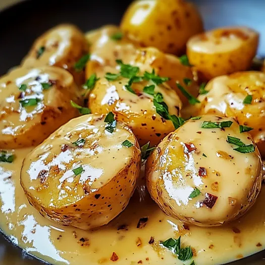 A plate of baby potatoes with a creamy garlic sauce.
