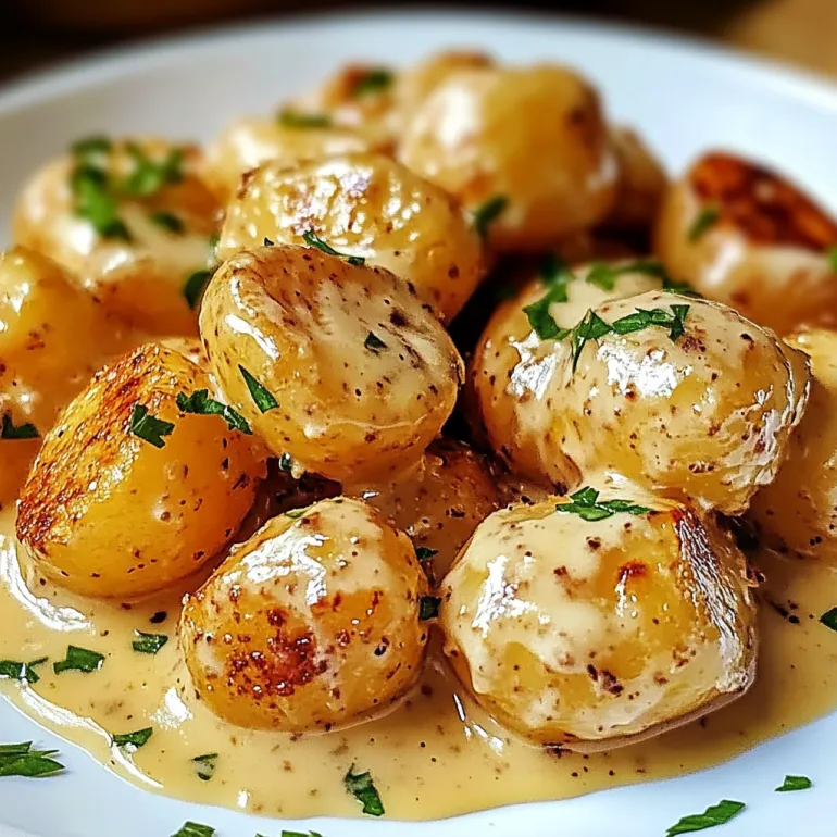 A plate of baby potatoes with garlic sauce.
