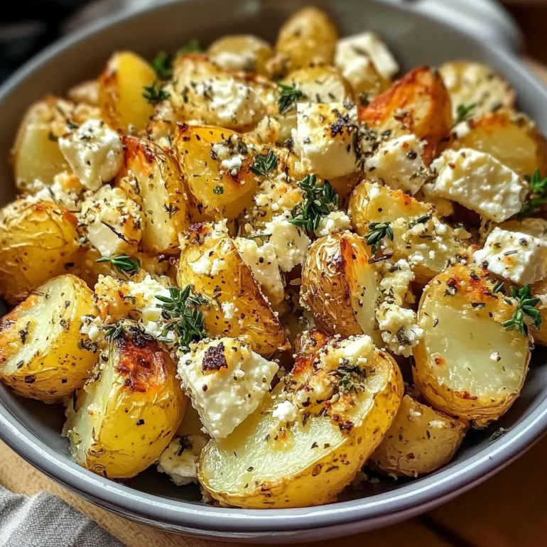 A bowl of roasted potatoes with feta cheese and garlic.