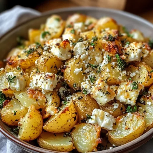 A bowl of roasted potatoes with feta cheese and garlic.