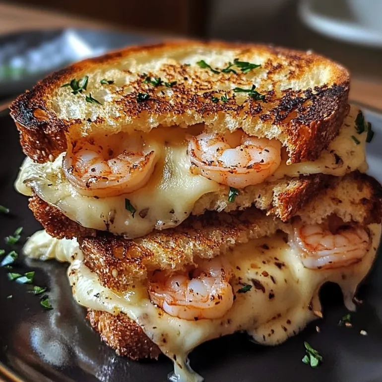 A grilled cheese sandwich with shrimp on top.