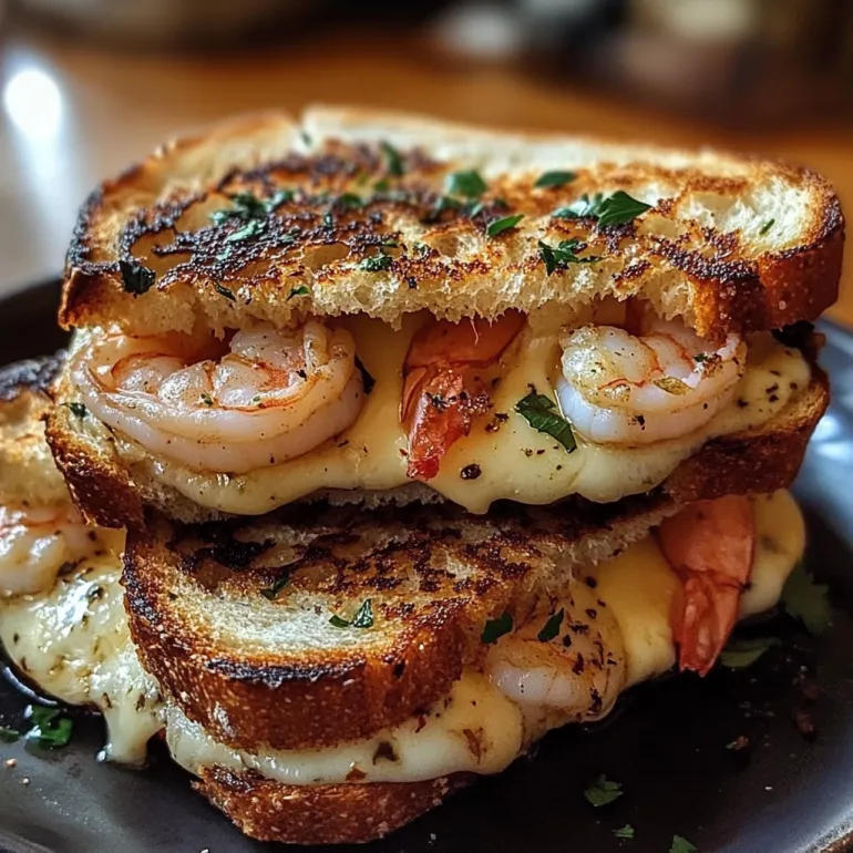A sandwich with shrimp and cheese on top.