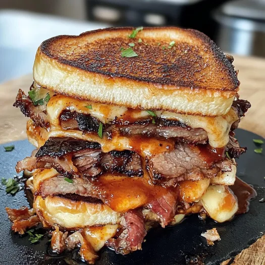 A BBQ Brisket Melts sandwich on a black cutting board.