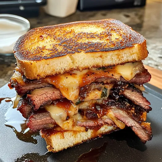 A BBQ Brisket sandwich with cheese and sauce.