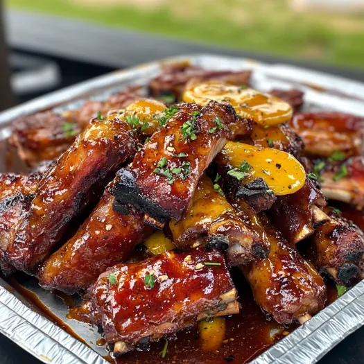 A tray of ribs with a honey jalapeño sauce.