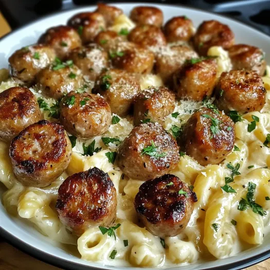 A plate of garlic butter sausage bites with creamy parmesan pasta.