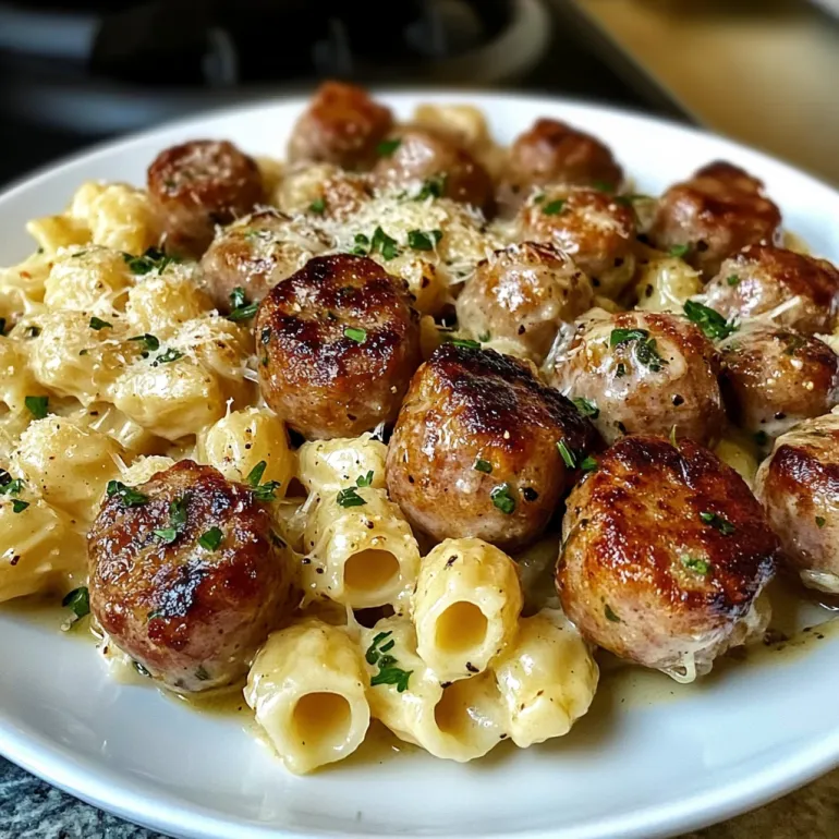 A plate of garlic butter sausage bites and creamy parmesan pasta.