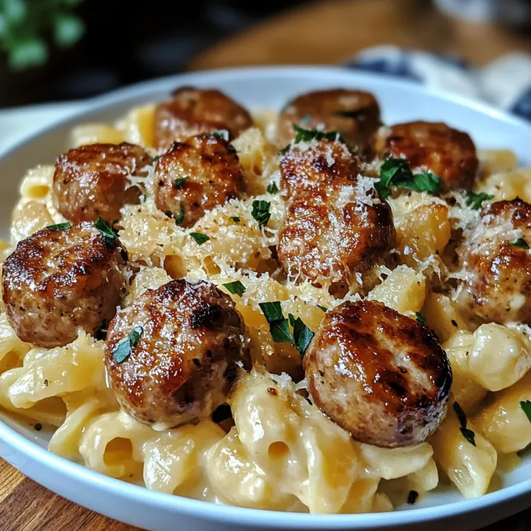 A bowl of garlic butter sausage bites with creamy parmesan pasta.