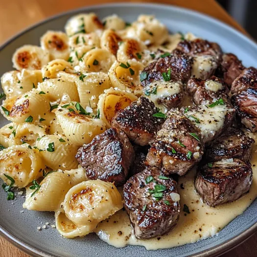 A plate of food with garlic butter steak bites and parmesan alfredo shells.