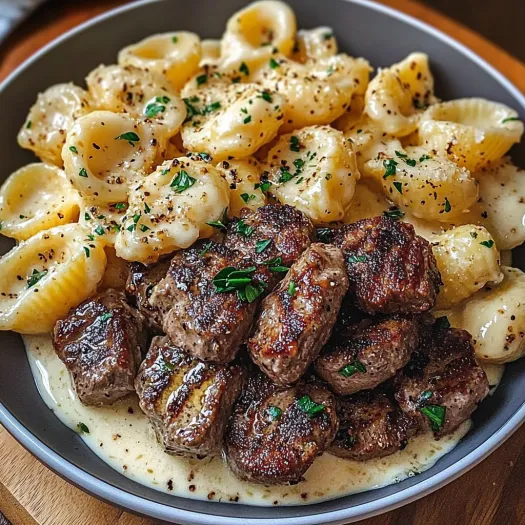 A bowl of food with meat and pasta.