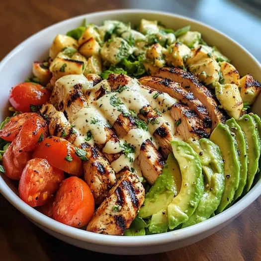 A bowl of grilled chicken and avocado salad.