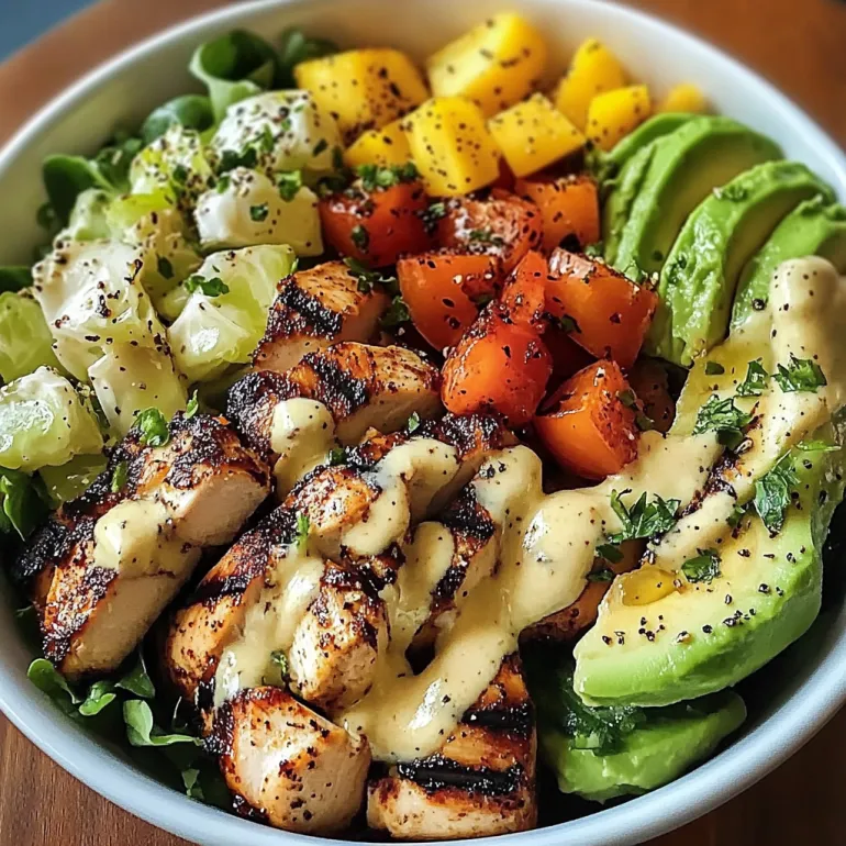 A bowl of grilled chicken and avocado salad.
