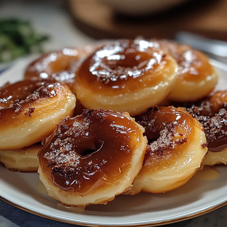 A plate of donuts with a glaze.